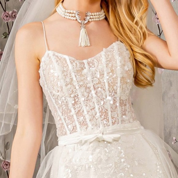 NEW LONG WEDDING SLEEVELESS MERMAID MESH DRESS EMBROIDERED WITH SEQUINS GL3425 - Picture 4 of 12